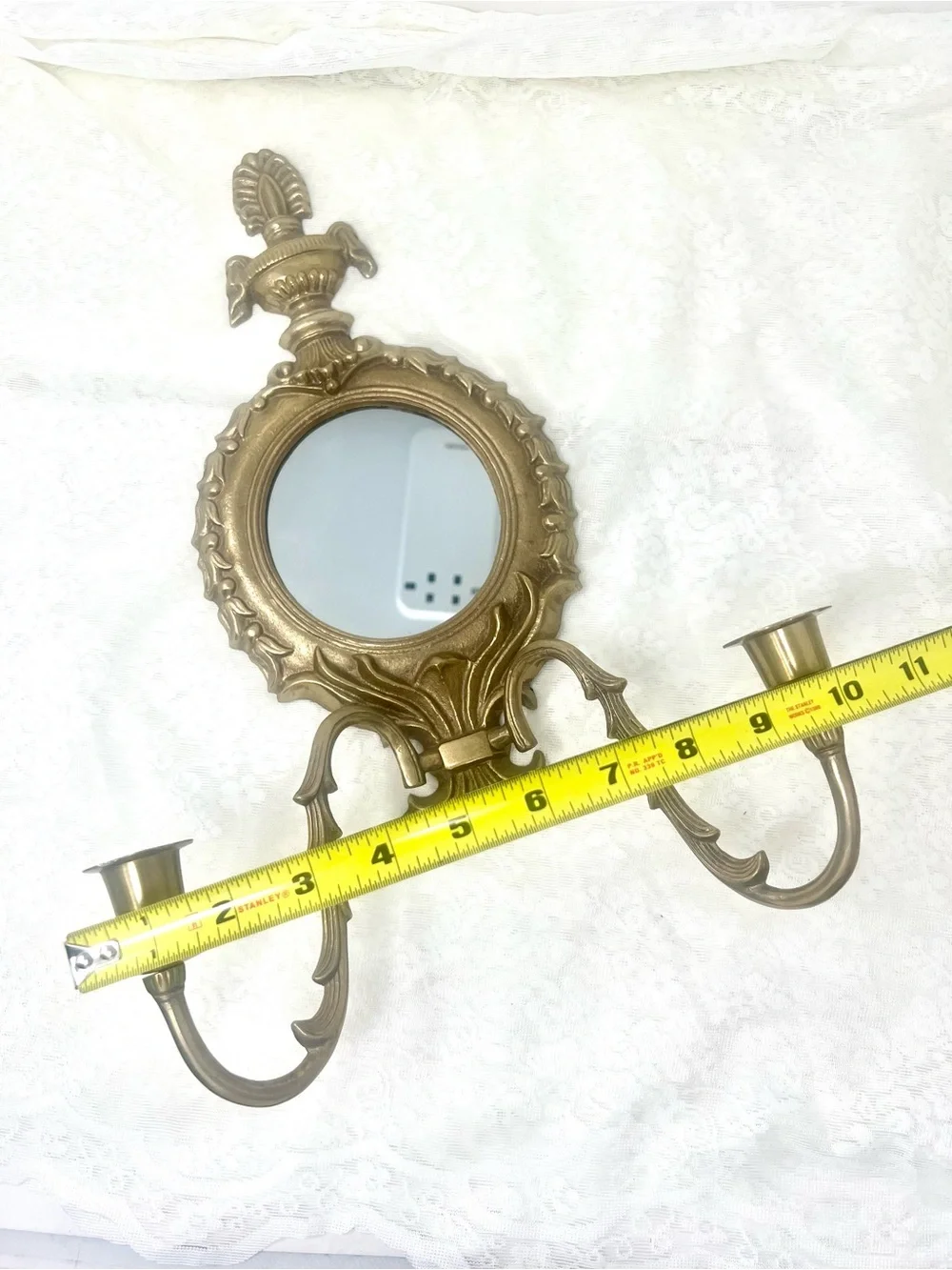 Set of 2 Vintage Ornate Brass Wall Mirror Sconce with Dual Candle Holders
